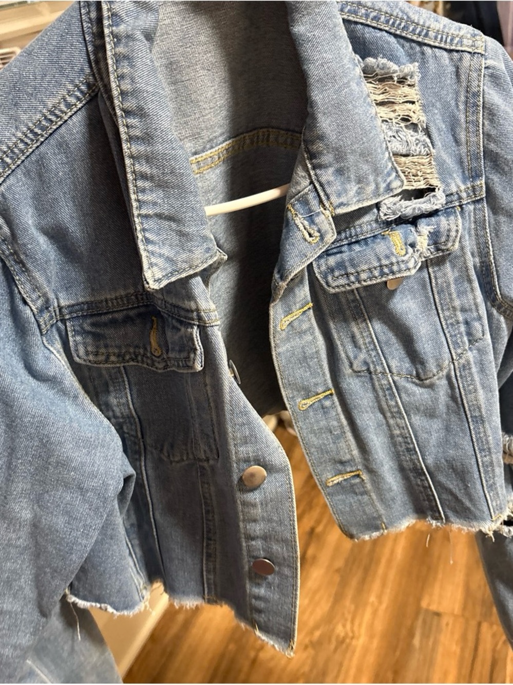 SHEIN Light Blue Distressed Cropped Denim Jacket